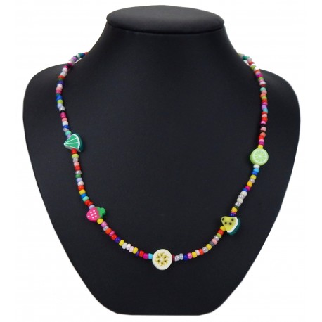 Trend Halskette bunte Perlen + Früchte Perlenkette kurze Kette 44 cm