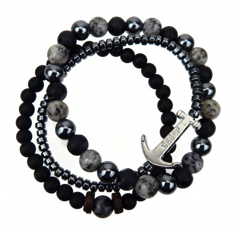 Herren Armband Anker 3er Set schwarz grau silber elastisch 17 - 24 cm