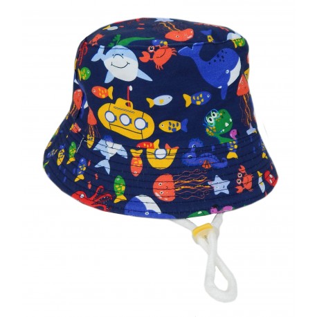 Jungen Mädchen Sommerhut Bucket Hat blau bunt Meerestiere 52 - 54 cm