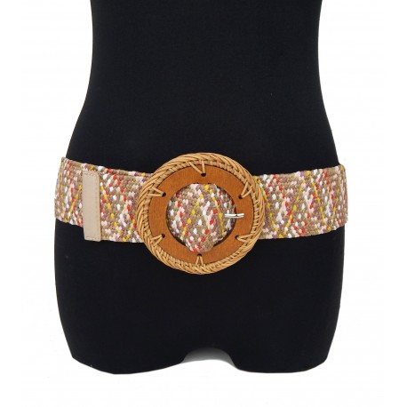 Damen Boho Ibiza Flechtgürtel 5 cm breit mit großer Holz-Bast-Schnalle