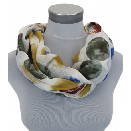 Damenschal Loop off-white mit grünen blauen + gelben Akzenten leichter Rundschal