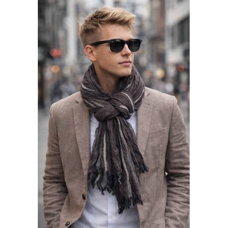 Herrenschal braun grau Streifen leichter Herren Schal Baumwolle Viskose
