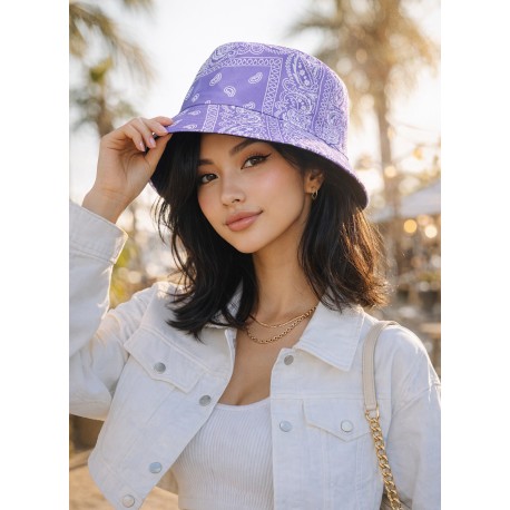 Bucket Hat Damen Hut Paisley Blau Schwarz Weiß oder Lila Wendehut
