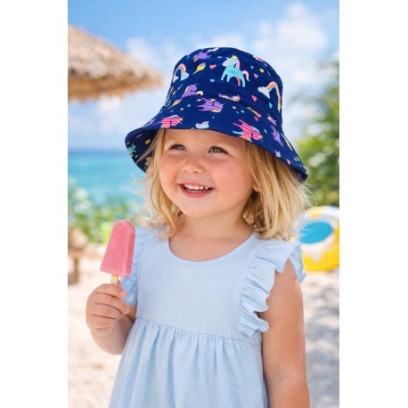 Mädchen Sommerhut Bucket Hat blau bunt Einhorn Regenbogen 52 - 54 cm