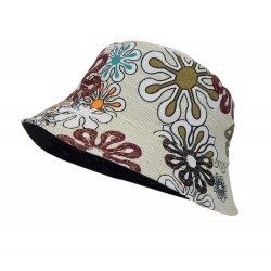 Bucket Hat Blumen beige bunt Wendehut schwarz Sommerhut 56 - 58 cm
