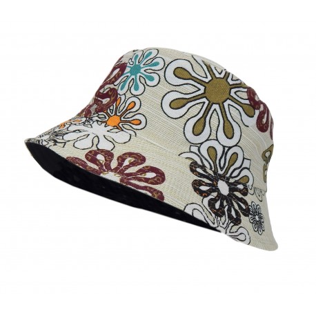 Bucket Hat Blumen beige bunt Wendehut schwarz Sommerhut 56 - 58 cm