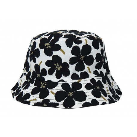 Bucket Hat Wendehut Weiss Schwarz o Blau Beige mit Blumen 56 - 58 cm