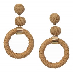 Lange Bast Ohrringe Beige Gold Ohrstecker Ringe im Boho Ibiza Style