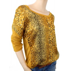 T-Shirt gelb curry Leopard Blusenshirt Seide Satin 3/4 Arm 40 / 42