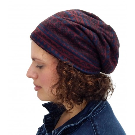 Long Beanie blau rot Ethno Muster Damen Mütze Indoor Outdor elastisch